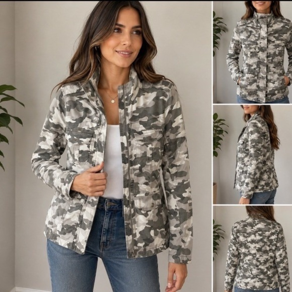 Kenzie Jeans Camo Utility Jacket Womens Small‎ Tan/Olive